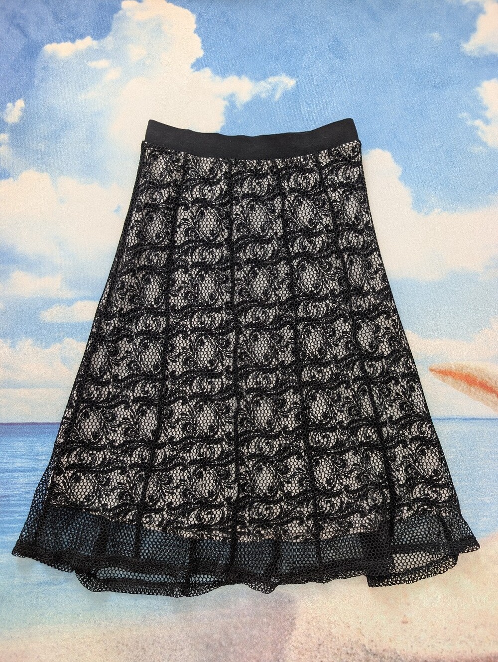 Lapis Black Lace A-Line Skirt with Fishnet Overlay Size S
